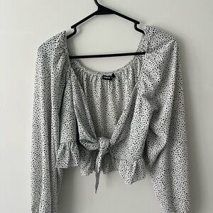 SHEIN Black and White Crop Blouse with Tie Front and Ruffled Sleeves